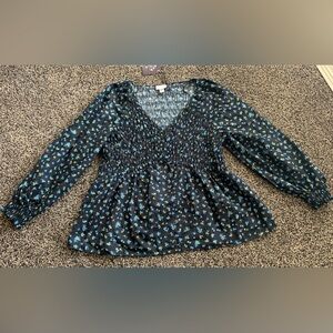 Smocked V-Neck Long Sleeve Floral Peplum Top - Black with Blue/Green Floral NWT